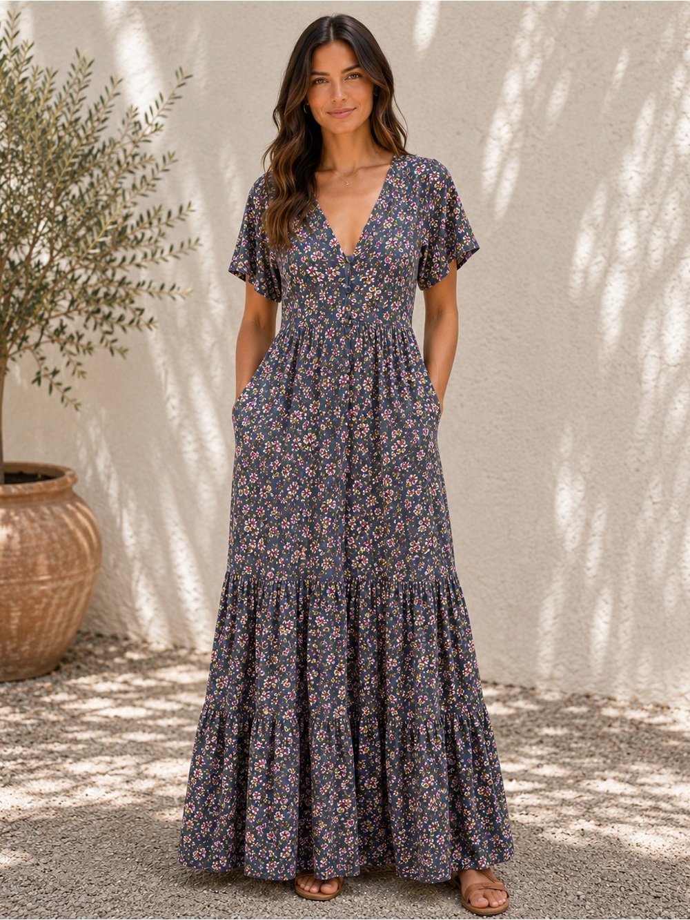 Natural Life Floral Maxi Dress Grey Blue Floral Boho Prairie Dress SZ M